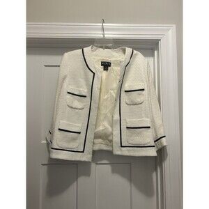 Mixit Ivory Tweed Jacket Black Trim Pockets Hook Closure Lined Size 16 Preppy